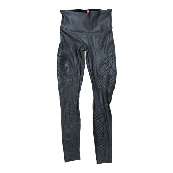 Spanx Faux Leather Women Grey Ribbed Moto Stretch Ankle Leggings Sized M - Picture 2 of 12